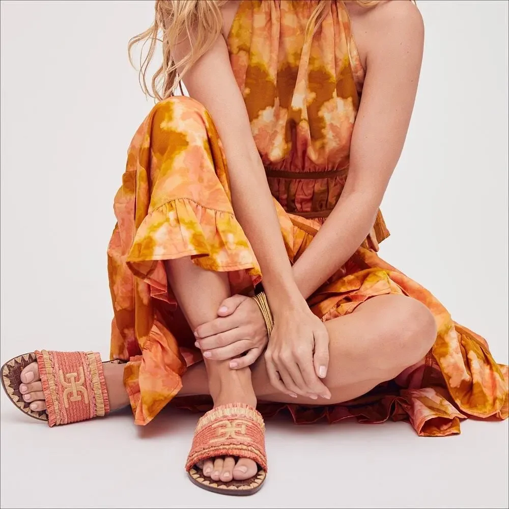 NIB Sam Edelman Georgia 7M Orange Raffia Flat Slide Sandals Resort Beach - Picture 2 of 12